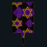 SlipperyJoe's Hanukkah-themed image golden yellow  Cake Topper<br><div class="desc">SlipperyJoe's Hanukkah-themed image golden yellow Star of David blue candles with orange flames Menorah-inspired art gift idea Jewish identity spirituality holiday retro bold symmetrical pattern diamond-shaped grid background blends tradition and vibrant design purple black checkerboard effect Hebrew religious celebration</div>