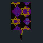 SlipperyJoe's Hanukkah-themed image golden yellow  Cake Topper<br><div class="desc">SlipperyJoe's Hanukkah-themed image golden yellow Star of David blue candles with orange flames Menorah-inspired art gift idea Jewish identity spirituality holiday retro bold symmetrical pattern diamond-shaped grid background blends tradition and vibrant design purple black checkerboard effect Hebrew religious celebration</div>