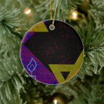 SlipperyJoe's Hanukkah-themed image golden yellow Ceramic Ornament<br><div class="desc">SlipperyJoe's Hanukkah-themed image golden yellow Star of David blue candles with orange flames Menorah-inspired art gift idea Jewish identity spirituality holiday retro bold symmetrical pattern diamond-shaped grid background blends tradition and vibrant design purple black checkerboard effect Hebrew religious celebration</div>