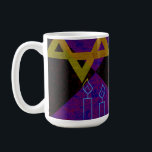 SlipperyJoe's Hanukkah-themed image golden yellow  Coffee Mug<br><div class="desc">SlipperyJoe's Hanukkah-themed image golden yellow Star of David blue candles with orange flames Menorah-inspired art gift idea Jewish identity spirituality holiday retro bold symmetrical pattern diamond-shaped grid background blends tradition and vibrant design purple black checkerboard effect Hebrew religious celebration</div>