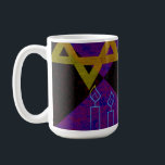 SlipperyJoe's Hanukkah-themed image golden yellow  Coffee Mug<br><div class="desc">SlipperyJoe's Hanukkah-themed image golden yellow Star of David blue candles with orange flames Menorah-inspired art gift idea Jewish identity spirituality holiday retro bold symmetrical pattern diamond-shaped grid background blends tradition and vibrant design purple black checkerboard effect Hebrew religious celebration</div>