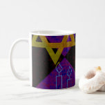 SlipperyJoe's Hanukkah-themed image golden yellow Coffee Mug<br><div class="desc">SlipperyJoe's Hanukkah-themed image golden yellow Star of David blue candles with orange flames Menorah-inspired art gift idea Jewish identity spirituality holiday retro bold symmetrical pattern diamond-shaped grid background blends tradition and vibrant design purple black checkerboard effect Hebrew religious celebration</div>