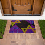 SlipperyJoe's Hanukkah-themed image golden yellow  Doormat<br><div class="desc">SlipperyJoe's Hanukkah-themed image golden yellow Star of David blue candles with orange flames Menorah-inspired art gift idea Jewish identity spirituality holiday retro bold symmetrical pattern diamond-shaped grid background blends tradition and vibrant design purple black checkerboard effect Hebrew religious celebration</div>