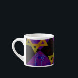 SlipperyJoe's Hanukkah-themed image golden yellow Espresso Cup<br><div class="desc">SlipperyJoe's Hanukkah-themed image golden yellow Star of David blue candles with orange flames Menorah-inspired art gift idea Jewish identity spirituality holiday retro bold symmetrical pattern diamond-shaped grid background blends tradition and vibrant design purple black checkerboard effect Hebrew religious celebration</div>