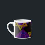 SlipperyJoe's Hanukkah-themed image golden yellow  Espresso Cup<br><div class="desc">SlipperyJoe's Hanukkah-themed image golden yellow Star of David blue candles with orange flames Menorah-inspired art gift idea Jewish identity spirituality holiday retro bold symmetrical pattern diamond-shaped grid background blends tradition and vibrant design purple black checkerboard effect Hebrew religious celebration</div>