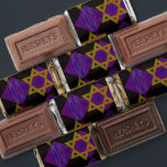 SlipperyJoe's Hanukkah-themed image golden yellow  Hershey's Miniatures<br><div class="desc">SlipperyJoe's Hanukkah-themed image golden yellow Star of David blue candles with orange flames Menorah-inspired art gift idea Jewish identity spirituality holiday retro bold symmetrical pattern diamond-shaped grid background blends tradition and vibrant design purple black checkerboard effect Hebrew religious celebration</div>