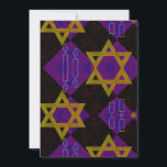 SlipperyJoe's Hanukkah-themed image golden yellow  Holiday Card<br><div class="desc">SlipperyJoe's Hanukkah-themed image golden yellow Star of David blue candles with orange flames Menorah-inspired art gift idea Jewish identity spirituality holiday retro bold symmetrical pattern diamond-shaped grid background blends tradition and vibrant design purple black checkerboard effect Hebrew religious celebration</div>