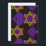 SlipperyJoe's Hanukkah-themed image golden yellow Holiday Card<br><div class="desc">SlipperyJoe's Hanukkah-themed image golden yellow Star of David blue candles with orange flames Menorah-inspired art gift idea Jewish identity spirituality holiday retro bold symmetrical pattern diamond-shaped grid background blends tradition and vibrant design purple black checkerboard effect Hebrew religious celebration</div>