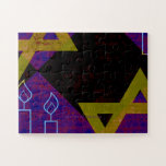 SlipperyJoe's Hanukkah-themed image golden yellow  Jigsaw Puzzle<br><div class="desc">SlipperyJoe's Hanukkah-themed image golden yellow Star of David blue candles with orange flames Menorah-inspired art gift idea Jewish identity spirituality holiday retro bold symmetrical pattern diamond-shaped grid background blends tradition and vibrant design purple black checkerboard effect Hebrew religious celebration</div>