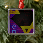 SlipperyJoe's Hanukkah-themed image golden yellow  Metal Ornament<br><div class="desc">SlipperyJoe's Hanukkah-themed image golden yellow Star of David blue candles with orange flames Menorah-inspired art gift idea Jewish identity spirituality holiday retro bold symmetrical pattern diamond-shaped grid background blends tradition and vibrant design purple black checkerboard effect Hebrew religious celebration</div>