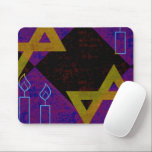 SlipperyJoe's Hanukkah-themed image golden yellow  Mouse Pad<br><div class="desc">SlipperyJoe's Hanukkah-themed image golden yellow Star of David blue candles with orange flames Menorah-inspired art gift idea Jewish identity spirituality holiday retro bold symmetrical pattern diamond-shaped grid background blends tradition and vibrant design purple black checkerboard effect Hebrew religious celebration</div>