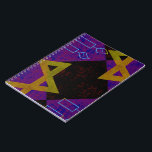 SlipperyJoe's Hanukkah-themed image golden yellow Notebook<br><div class="desc">SlipperyJoe's Hanukkah-themed image golden yellow Star of David blue candles with orange flames Menorah-inspired art gift idea Jewish identity spirituality holiday retro bold symmetrical pattern diamond-shaped grid background blends tradition and vibrant design purple black checkerboard effect Hebrew religious celebration</div>
