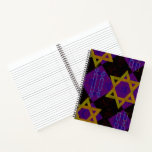 SlipperyJoe's Hanukkah-themed image golden yellow  Notebook<br><div class="desc">SlipperyJoe's Hanukkah-themed image golden yellow Star of David blue candles with orange flames Menorah-inspired art gift idea Jewish identity spirituality holiday retro bold symmetrical pattern diamond-shaped grid background blends tradition and vibrant design purple black checkerboard effect Hebrew religious celebration</div>