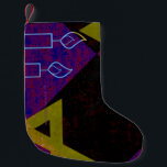 SlipperyJoe's Hanukkah-themed image golden yellow  Small Christmas Stocking<br><div class="desc">SlipperyJoe's Hanukkah-themed image golden yellow Star of David blue candles with orange flames Menorah-inspired art gift idea Jewish identity spirituality holiday retro bold symmetrical pattern diamond-shaped grid background blends tradition and vibrant design purple black checkerboard effect Hebrew religious celebration</div>