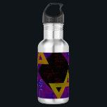 SlipperyJoe's Hanukkah-themed image golden yellow  Stainless Steel Water Bottle<br><div class="desc">SlipperyJoe's Hanukkah-themed image golden yellow Star of David blue candles with orange flames Menorah-inspired art gift idea Jewish identity spirituality holiday retro bold symmetrical pattern diamond-shaped grid background blends tradition and vibrant design purple black checkerboard effect Hebrew religious celebration</div>
