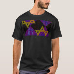 SlipperyJoe's Hanukkah-themed image golden yellow  T-Shirt<br><div class="desc">SlipperyJoe's Hanukkah-themed image golden yellow Star of David blue candles with orange flames Menorah-inspired art gift idea Jewish identity spirituality holiday retro bold symmetrical pattern diamond-shaped grid background blends tradition and vibrant design purple black checkerboard effect Hebrew religious celebration</div>