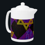 SlipperyJoe's Hanukkah-themed image golden yellow  Teapot<br><div class="desc">SlipperyJoe's Hanukkah-themed image golden yellow Star of David blue candles with orange flames Menorah-inspired art gift idea Jewish identity spirituality holiday retro bold symmetrical pattern diamond-shaped grid background blends tradition and vibrant design purple black checkerboard effect Hebrew religious celebration</div>
