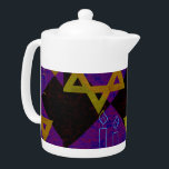 SlipperyJoe's Hanukkah-themed image golden yellow  Teapot<br><div class="desc">SlipperyJoe's Hanukkah-themed image golden yellow Star of David blue candles with orange flames Menorah-inspired art gift idea Jewish identity spirituality holiday retro bold symmetrical pattern diamond-shaped grid background blends tradition and vibrant design purple black checkerboard effect Hebrew religious celebration</div>