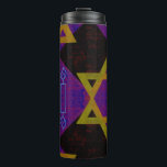 SlipperyJoe's Hanukkah-themed image golden yellow  Thermal Tumbler<br><div class="desc">SlipperyJoe's Hanukkah-themed image golden yellow Star of David blue candles with orange flames Menorah-inspired art gift idea Jewish identity spirituality holiday retro bold symmetrical pattern diamond-shaped grid background blends tradition and vibrant design purple black checkerboard effect Hebrew religious celebration</div>