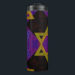 SlipperyJoe's Hanukkah-themed image golden yellow  Thermal Tumbler<br><div class="desc">SlipperyJoe's Hanukkah-themed image golden yellow Star of David blue candles with orange flames Menorah-inspired art gift idea Jewish identity spirituality holiday retro bold symmetrical pattern diamond-shaped grid background blends tradition and vibrant design purple black checkerboard effect Hebrew religious celebration</div>