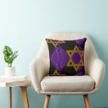 SlipperyJoe's Hanukkah-themed image golden yellow  Throw Pillow<br><div class="desc">SlipperyJoe's Hanukkah-themed image golden yellow Star of David blue candles with orange flames Menorah-inspired art gift idea Jewish identity spirituality holiday retro bold symmetrical pattern diamond-shaped grid background blends tradition and vibrant design purple black checkerboard effect Hebrew religious celebration</div>