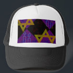 SlipperyJoe's Hanukkah-themed image golden yellow  Trucker Hat<br><div class="desc">SlipperyJoe's Hanukkah-themed image golden yellow Star of David blue candles with orange flames Menorah-inspired art gift idea Jewish identity spirituality holiday retro bold symmetrical pattern diamond-shaped grid background blends tradition and vibrant design purple black checkerboard effect Hebrew religious celebration</div>
