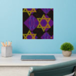 SlipperyJoe's Hanukkah-themed image golden yellow  Wall Decal<br><div class="desc">SlipperyJoe's Hanukkah-themed image golden yellow Star of David blue candles with orange flames Menorah-inspired art gift idea Jewish identity spirituality holiday retro bold symmetrical pattern diamond-shaped grid background blends tradition and vibrant design purple black checkerboard effect Hebrew religious celebration</div>