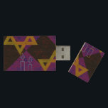 SlipperyJoe's Hanukkah-themed image golden yellow  Wood Flash Drive<br><div class="desc">SlipperyJoe's Hanukkah-themed image golden yellow Star of David blue candles with orange flames Menorah-inspired art gift idea Jewish identity spirituality holiday retro bold symmetrical pattern diamond-shaped grid background blends tradition and vibrant design purple black checkerboard effect Hebrew religious celebration</div>