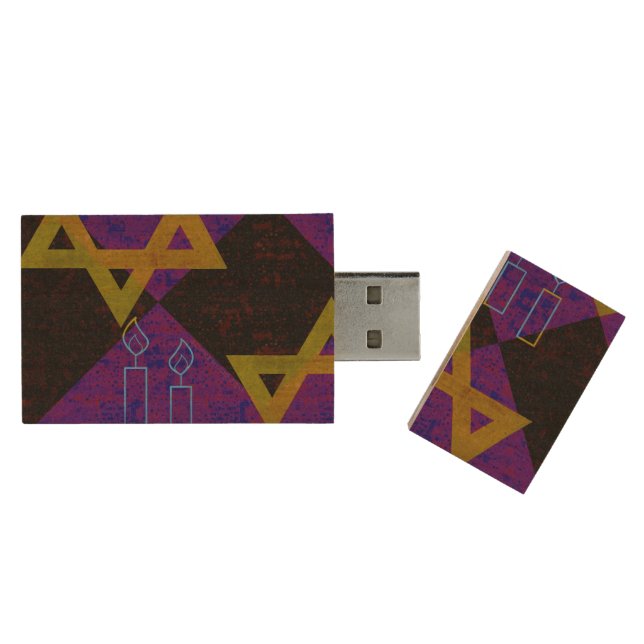 SlipperyJoe's Hanukkah-themed image golden yellow  Wood Flash Drive (Opened)