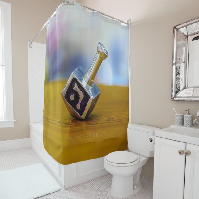 SlipperyJoe's Hanukkah traditional toy gifts close Shower Curtain (In Situ)