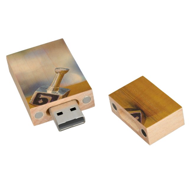 SlipperyJoe's Hanukkah traditional toy gifts close Wood Flash Drive (Angled)
