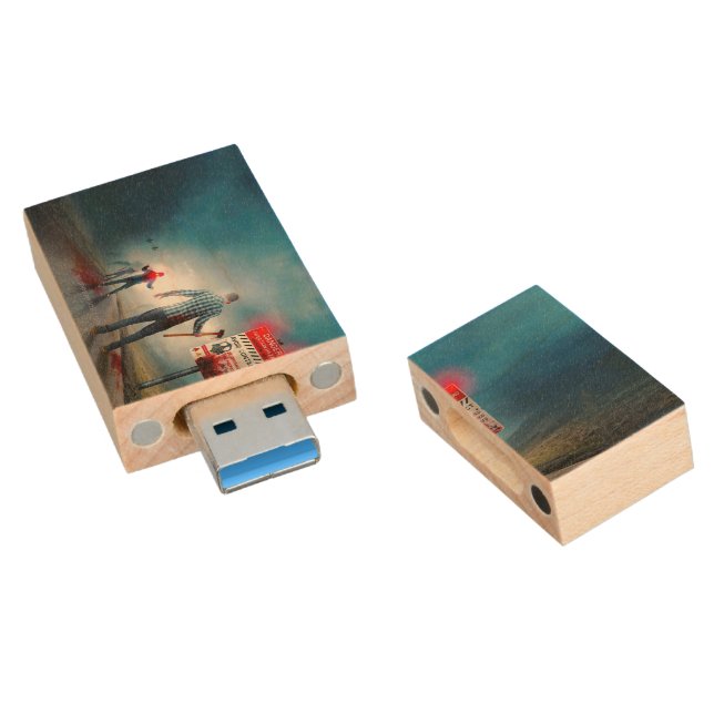 SlipperyJoe's happy Halloween glowing eyes zombies Wood Flash Drive (Angled)