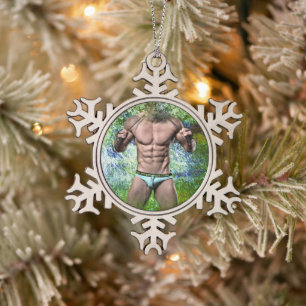 SlipperyJoe's highly muscular adult man shirtless Snowflake Pewter Christmas Ornament