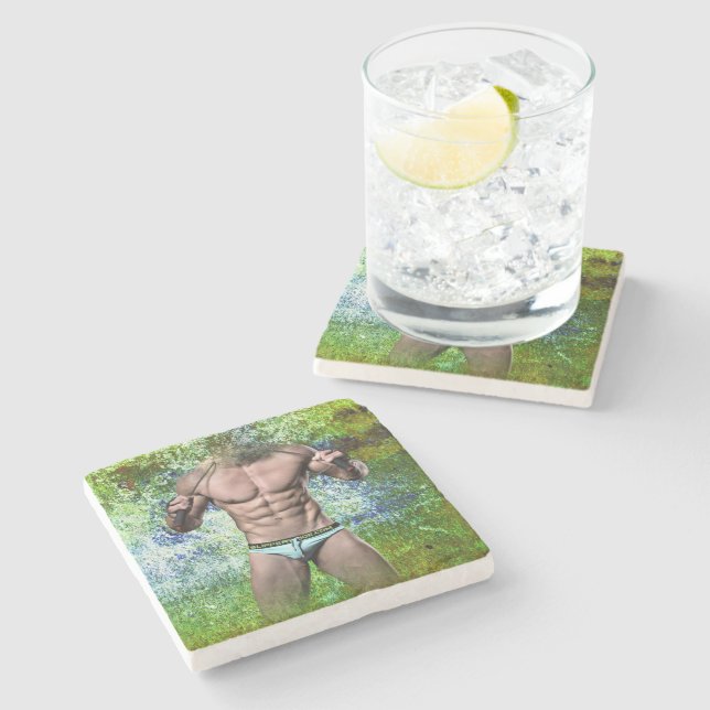 SlipperyJoe's highly muscular adult man shirtless  Stone Coaster (Side)