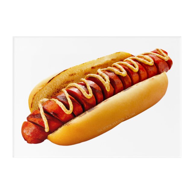 SlipperyJoe's hot dog nestled soft bun vibrant yel Acrylic Print (Front)