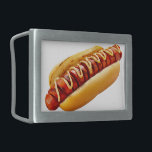 SlipperyJoe's hot dog nestled soft bun vibrant yel Belt Buckle<br><div class="desc">SlipperyJoe's hot dog nestled soft bun vibrant yellow mustard topping condiment spiral-cut grilled meat bun grill marks meal food charred appearance delicious culinary delight visible grill marks gay pride gifts LGBTQIA artistic summer BBQ vibe zigzag pattern</div>