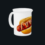 SlipperyJoe's hot dog nestled soft bun vibrant yel Beverage Pitcher<br><div class="desc">SlipperyJoe's hot dog nestled soft bun vibrant yellow mustard topping condiment spiral-cut grilled meat bun grill marks meal food charred appearance delicious culinary delight visible grill marks gay pride gifts LGBTQIA artistic summer BBQ vibe zigzag pattern</div>