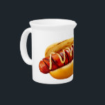 SlipperyJoe's hot dog nestled soft bun vibrant yel Beverage Pitcher<br><div class="desc">SlipperyJoe's hot dog nestled soft bun vibrant yellow mustard topping condiment spiral-cut grilled meat bun grill marks meal food charred appearance delicious culinary delight visible grill marks gay pride gifts LGBTQIA artistic summer BBQ vibe zigzag pattern</div>