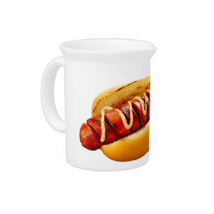 SlipperyJoe's hot dog nestled soft bun vibrant yel Beverage Pitcher
