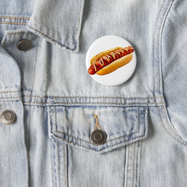 SlipperyJoe's hot dog nestled soft bun vibrant yel Button (In Situ)