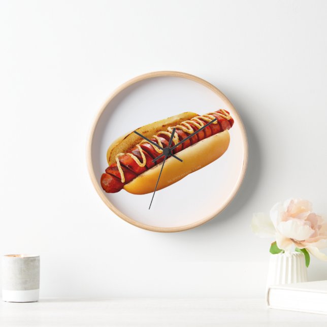 SlipperyJoe's hot dog nestled soft bun vibrant yel Clock (Home)