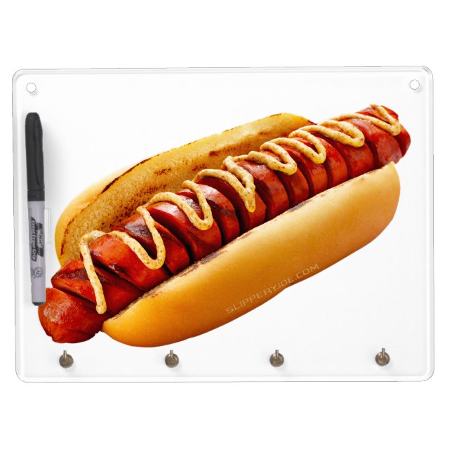 SlipperyJoe's hot dog nestled soft bun vibrant yel Dry Erase Board With Keychain Holder (Front)