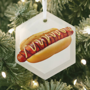 SlipperyJoe's hot dog nestled soft bun vibrant yel Glass Ornament