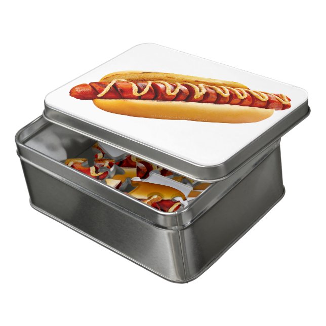 SlipperyJoe's hot dog nestled soft bun vibrant yel Jigsaw Puzzle (Lid Open)