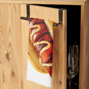 SlipperyJoe's hot dog nestled soft bun vibrant yel Kitchen Towel