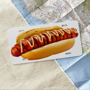 SlipperyJoe's hot dog nestled soft bun vibrant yel License Plate
