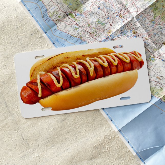 SlipperyJoe's hot dog nestled soft bun vibrant yel License Plate (In Situ)