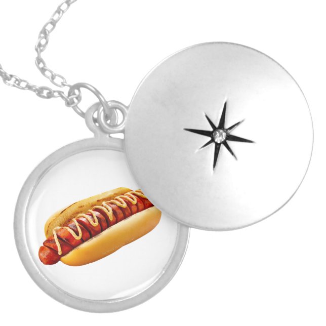 SlipperyJoe's hot dog nestled soft bun vibrant yel Locket Necklace (Front)