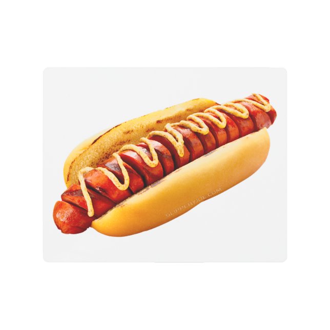 SlipperyJoe's hot dog nestled soft bun vibrant yel Metal Print (Front)
