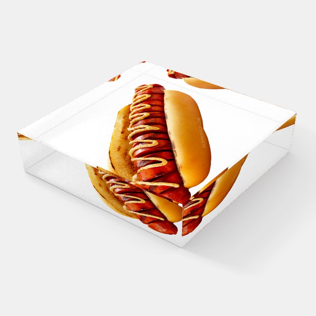 SlipperyJoe's hot dog nestled soft bun vibrant yel Paperweight (Angled)